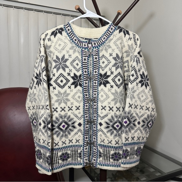 Vtg RARE Dale of Norway Norwegian Pewter Wool Heavy Knit Cardigan Sweater Small
